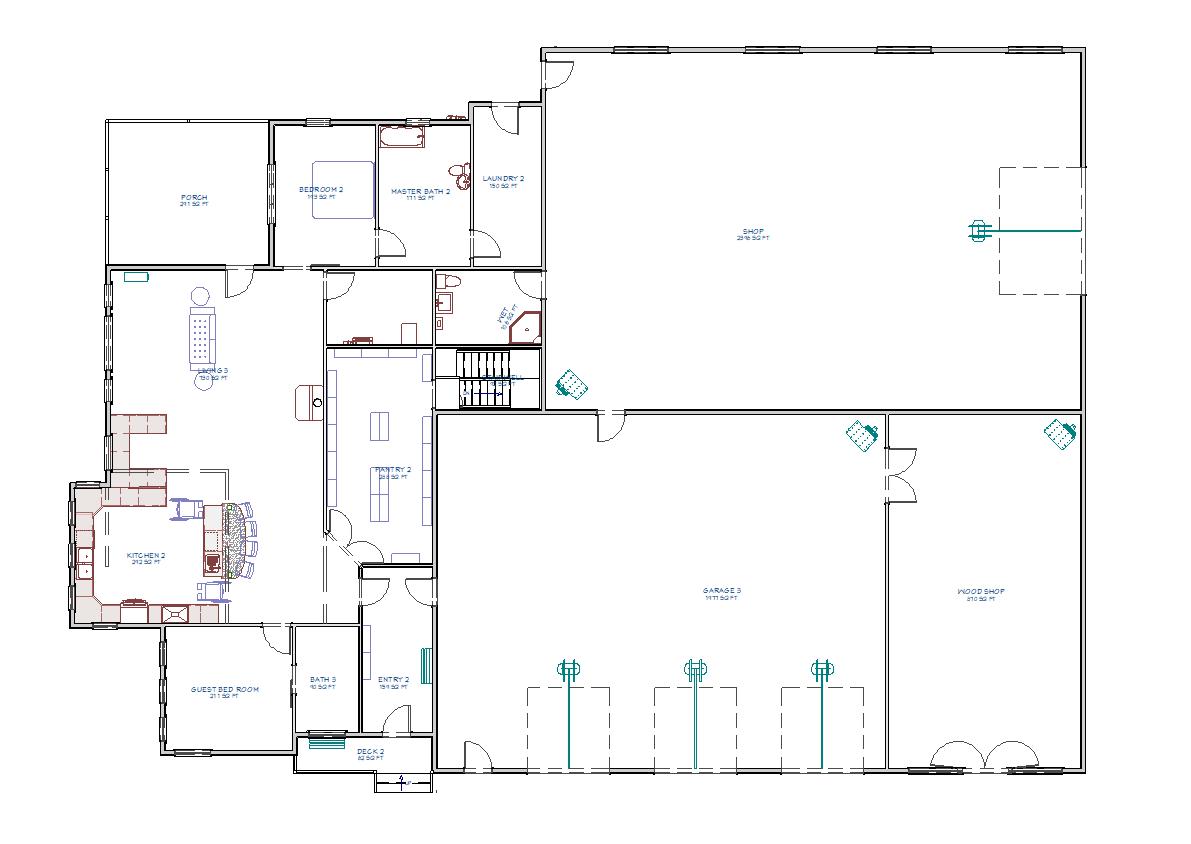 Barndominium floor plan with shop and garage